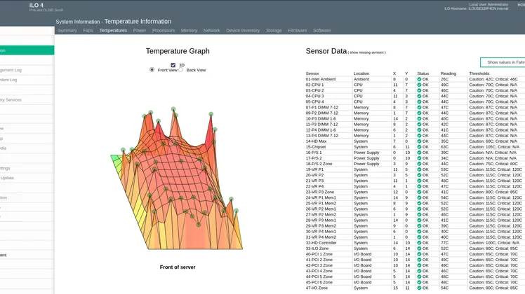 iLO web interface showing server health information